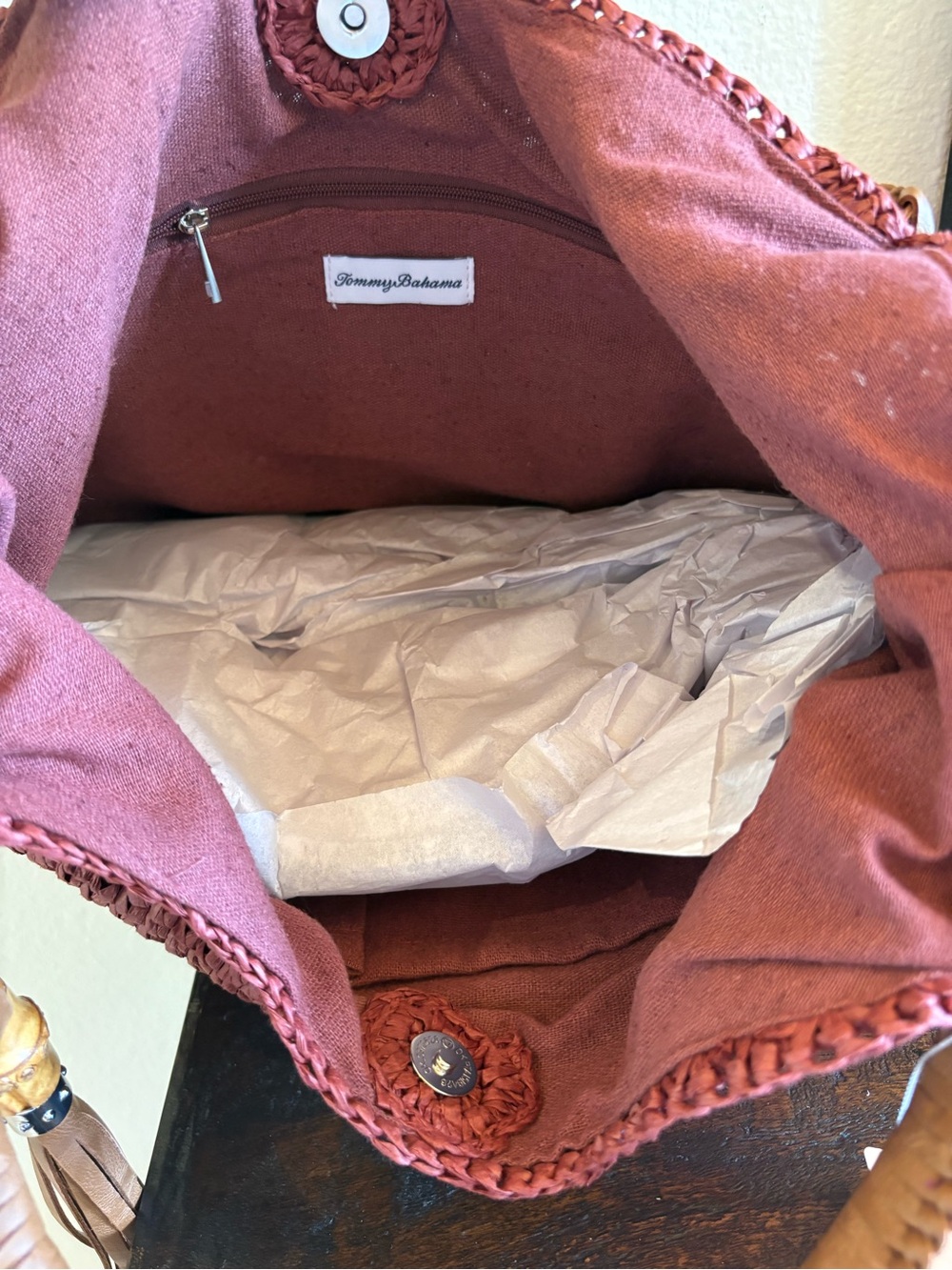 Tommy Bahama Maroon Woven Tote with Leather Tassel - Picture 5 of 5